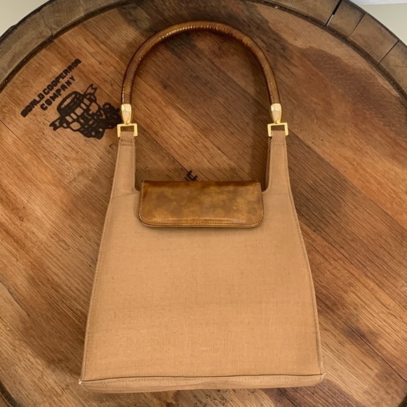 Stuart Weitzman Gold Vintage Silk / Patent Leather Top Handle Evening Bag Spain - Picture 4 of 17